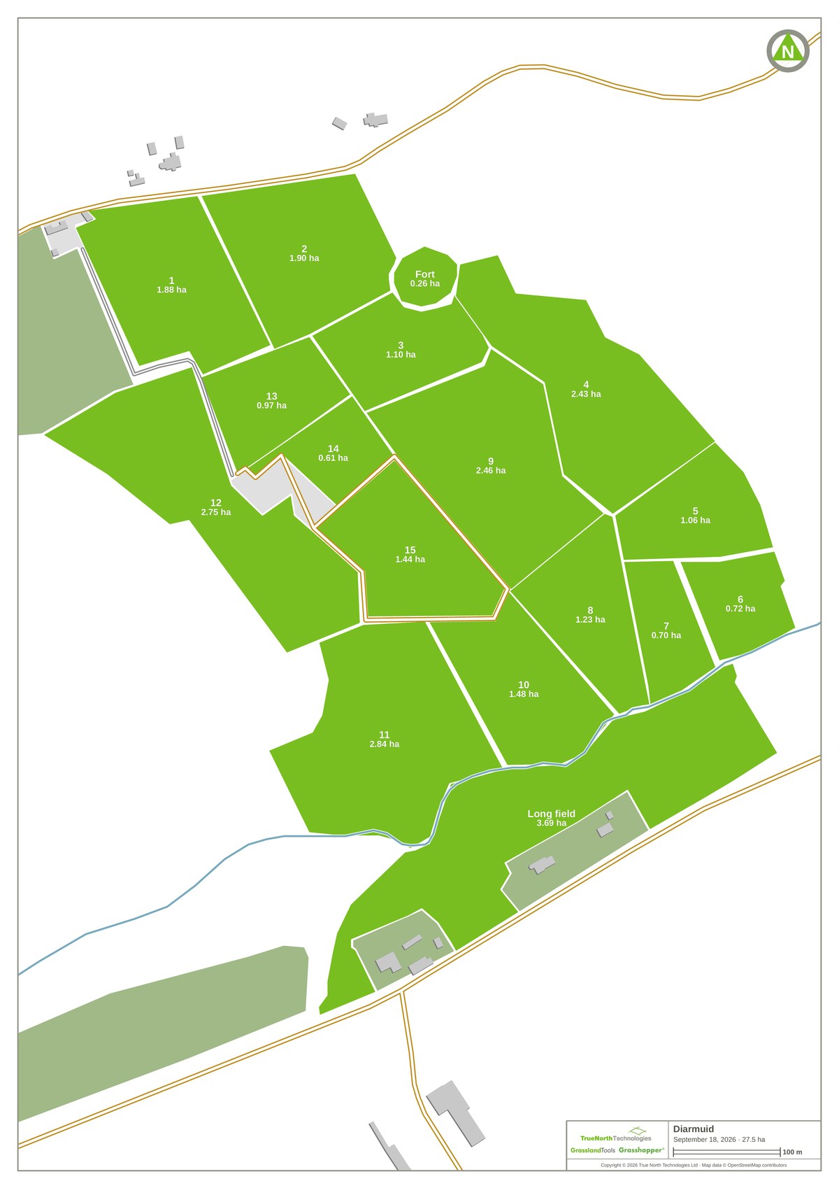 A printed farm map: numbered paddocks shaded green, with a grazing record table down the side